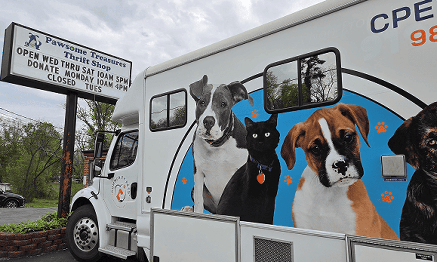 Truck with animal graphics near thrift shop.